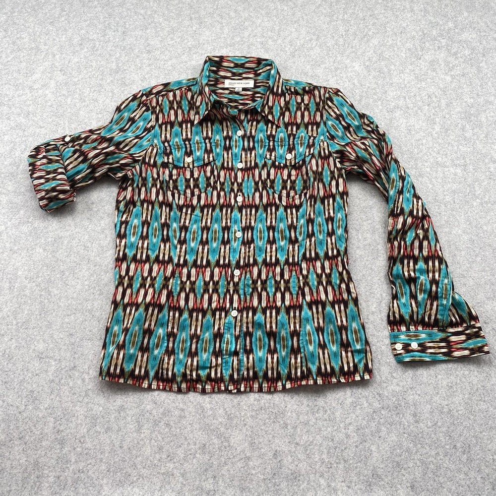 Jones New York Sport Womens Medium Multicolor Geometric Roll Tab Sleeve Shirt